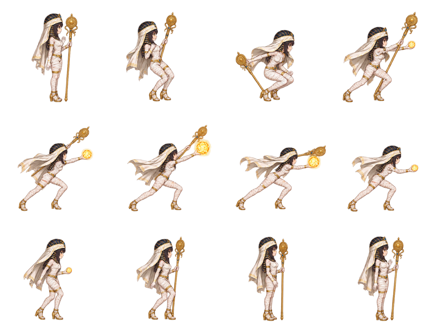 Anime pharaoh mummy girl casting a fire orb with golden staff sprite sheet