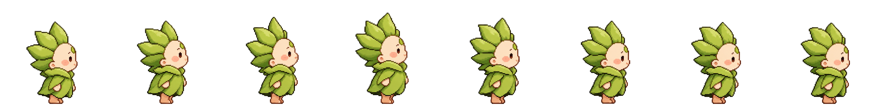 A cute Chinese-style leaf spirit chibi character. It has a round baby face, closed smiling eyes, a tiny open mouth and soft pink blush on cheeks. A small teardrop-shaped green mark sits on its forehead. Multiple large tender green leaves grow around its head like a leaf crown. Its short body is wrapped in layered green leaves as a cloak, with a golden Chinese character "Fu" on the chest. Short pink limbs peek out from the leaf clothes. The character is in a lively running pose, one leg lifted and arms spread slightly. Small floating green leaves scatter around it, with thin orange radiant lines in the background. Warm fresh color palette of light green and pale skin tone.