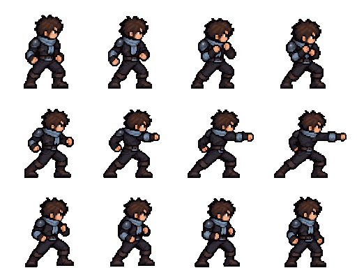 16-bit pixel brown-haired brawler in blue scarf punch attack sprite sheet
