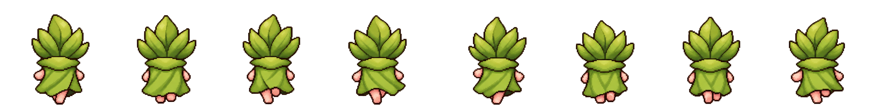 16-bit pixel leaf spirit chibi walk cycle sprite sheet, back view