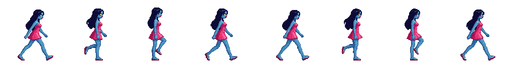 16-bit pixel blue-skinned zombie woman in pink dress walk cycle sprite sheet, side view