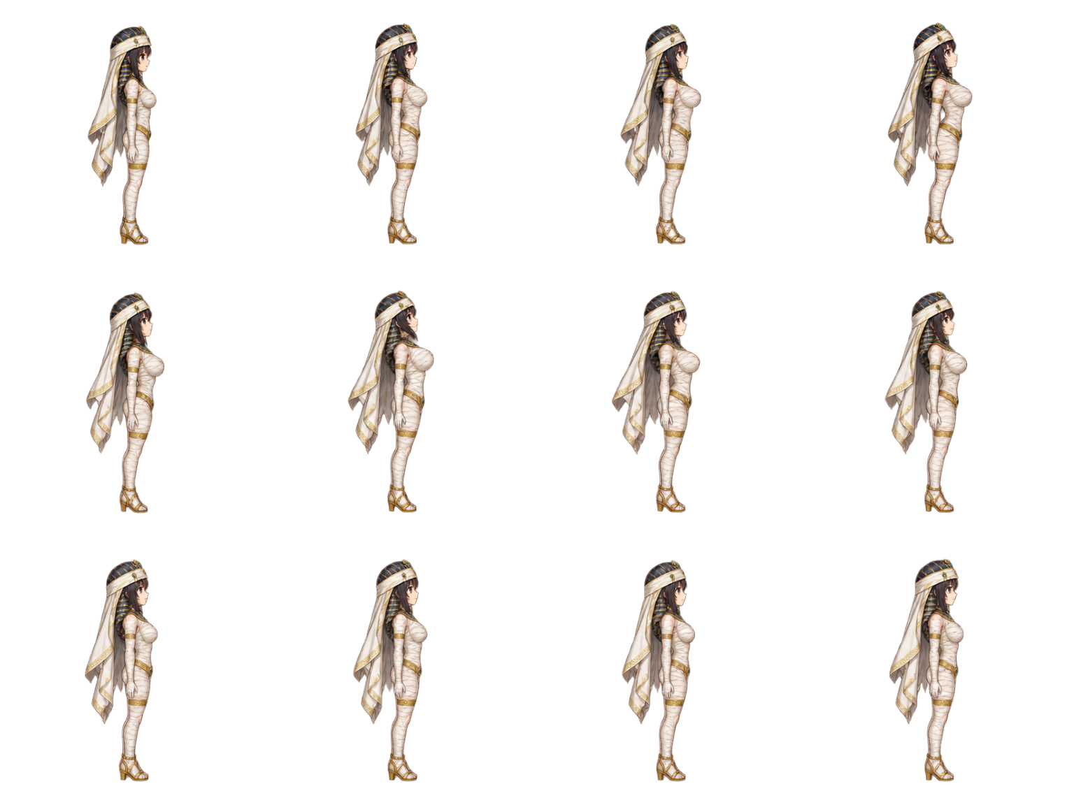 Anime pharaoh mummy girl idle sprite sheet, side view