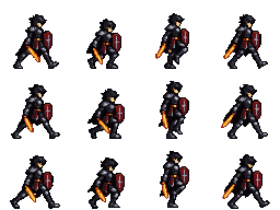 16-bit pixel dark armored knight with flaming sword and red shield walk cycle sprite sheet